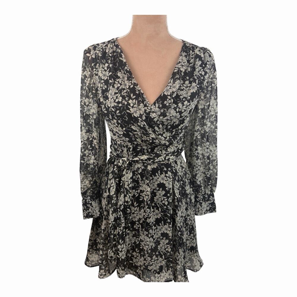 Zara Womens Small Black Floral Faux Wrap Mini Dress Sheer Long Sleeve NWOT